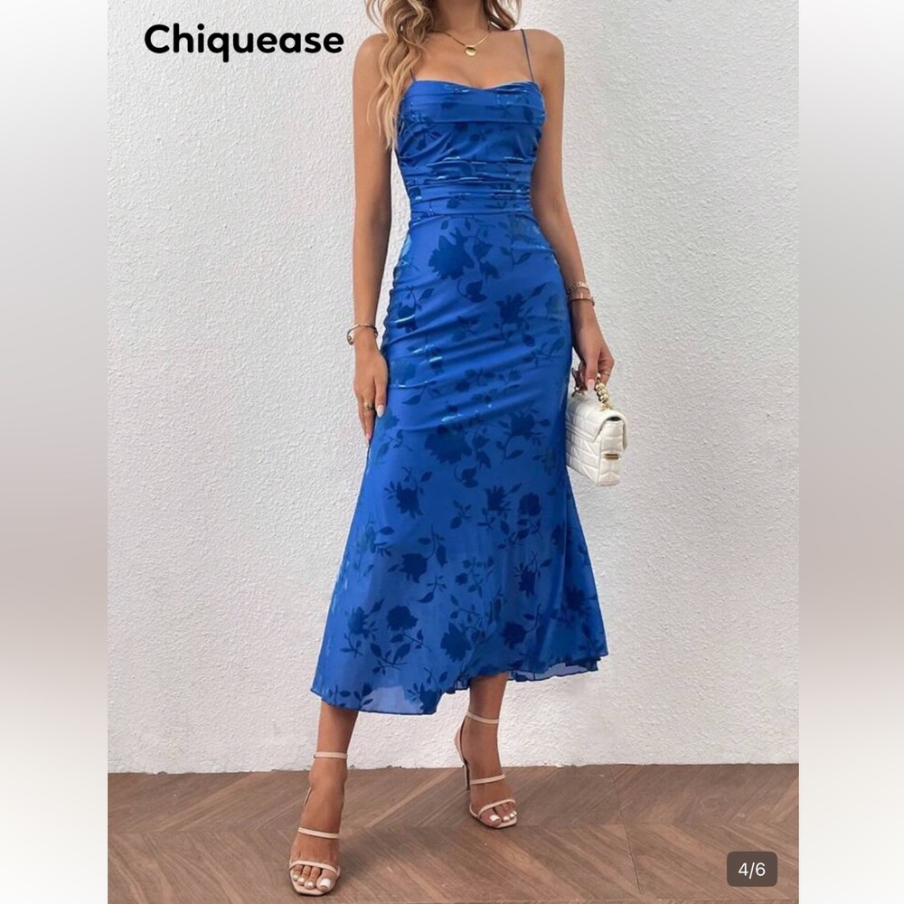 Blue Floral Satin Slip Dress